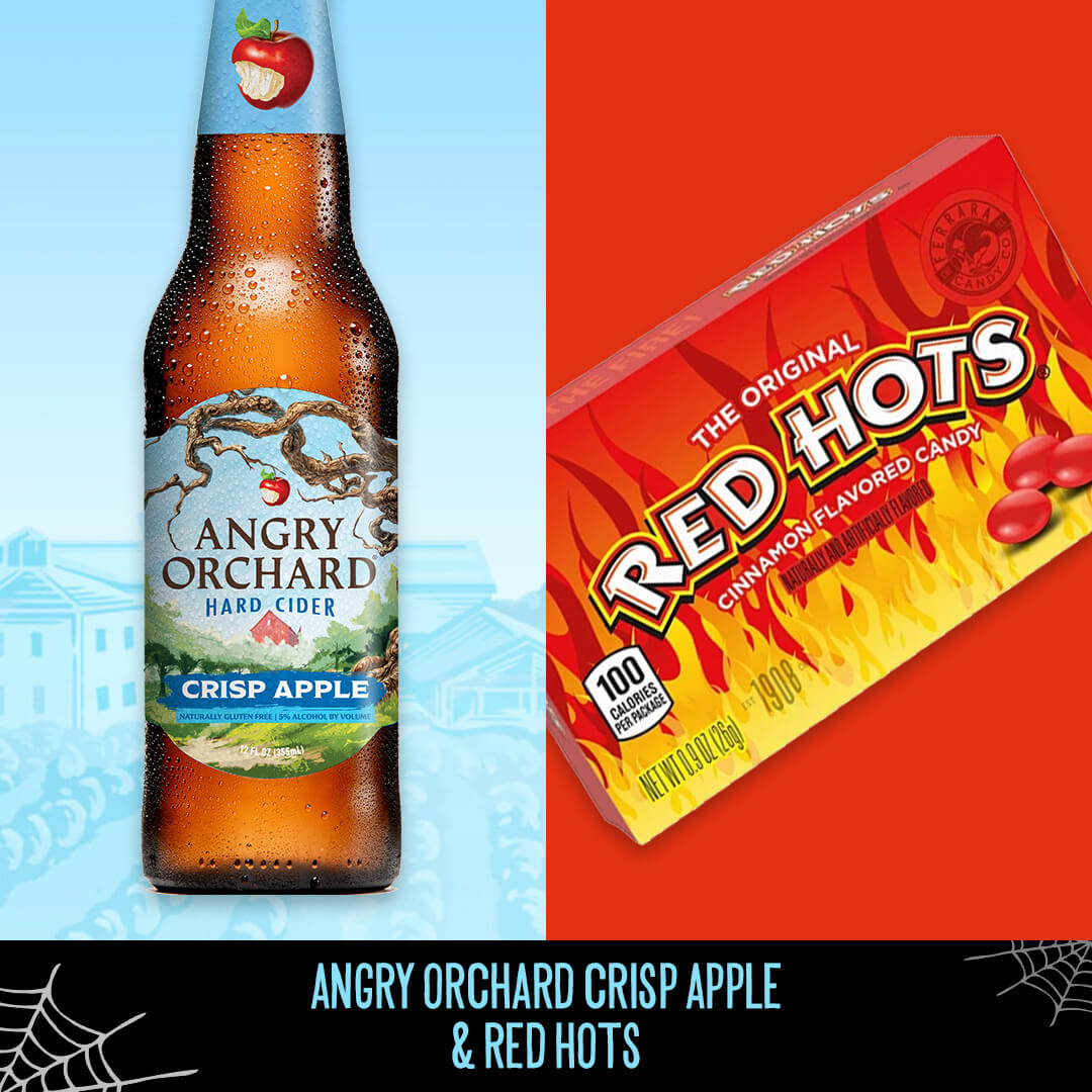 Angry orchard bottle and red hots candy