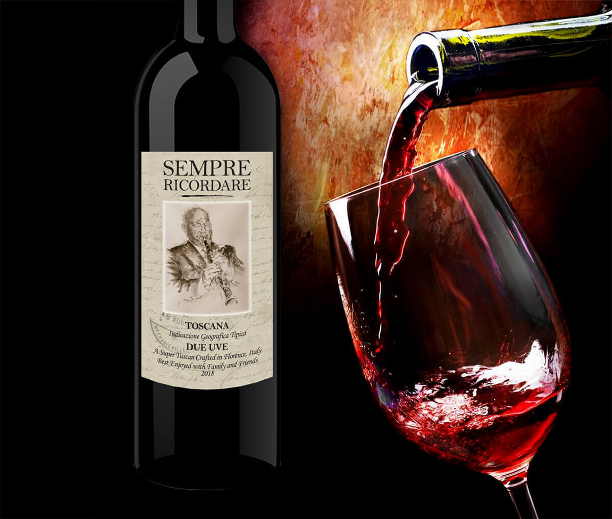 Bottle of Sempre Ricordare wine and wine being poured into a glass